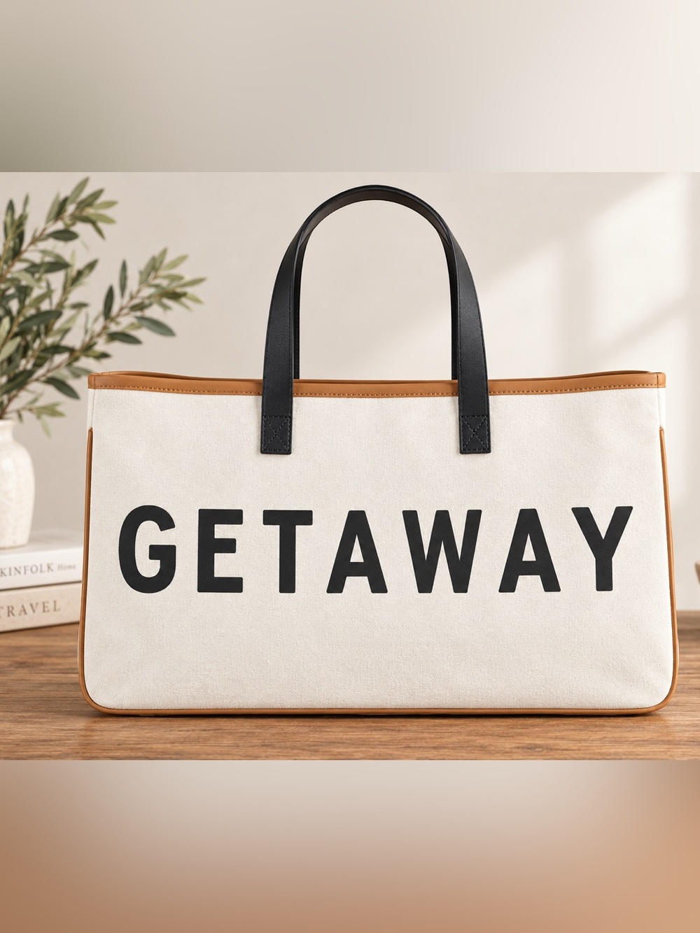 GETAWAY Large Canvas Tote in Cream with Black Handles and Tan Trim